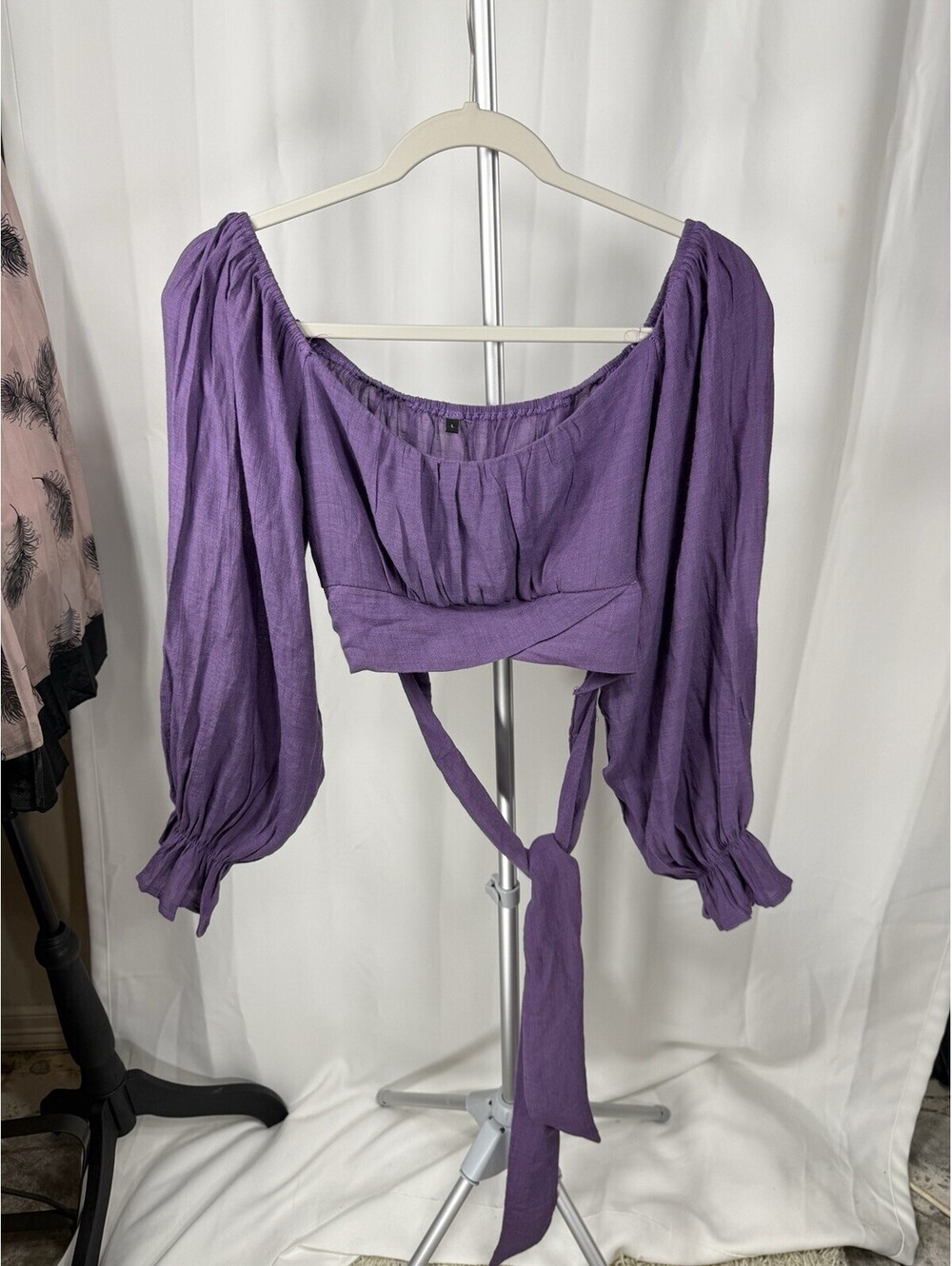 SHEIN Womens L Purple Off Shoulder Crop Top Puff Sleeve Tie Boho Cottagecore